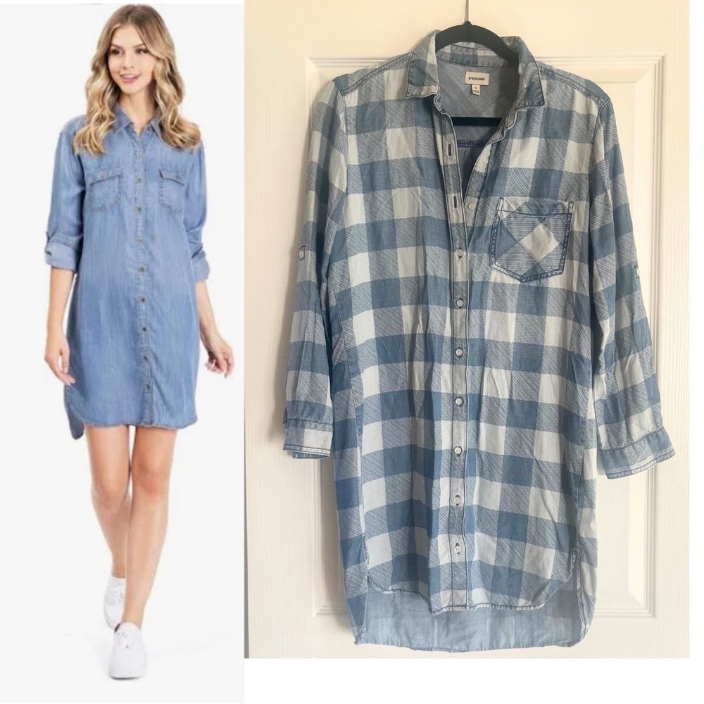 Sneak Peek Chambray Plaid Rolled Sleeve Shirt Dress Size Small